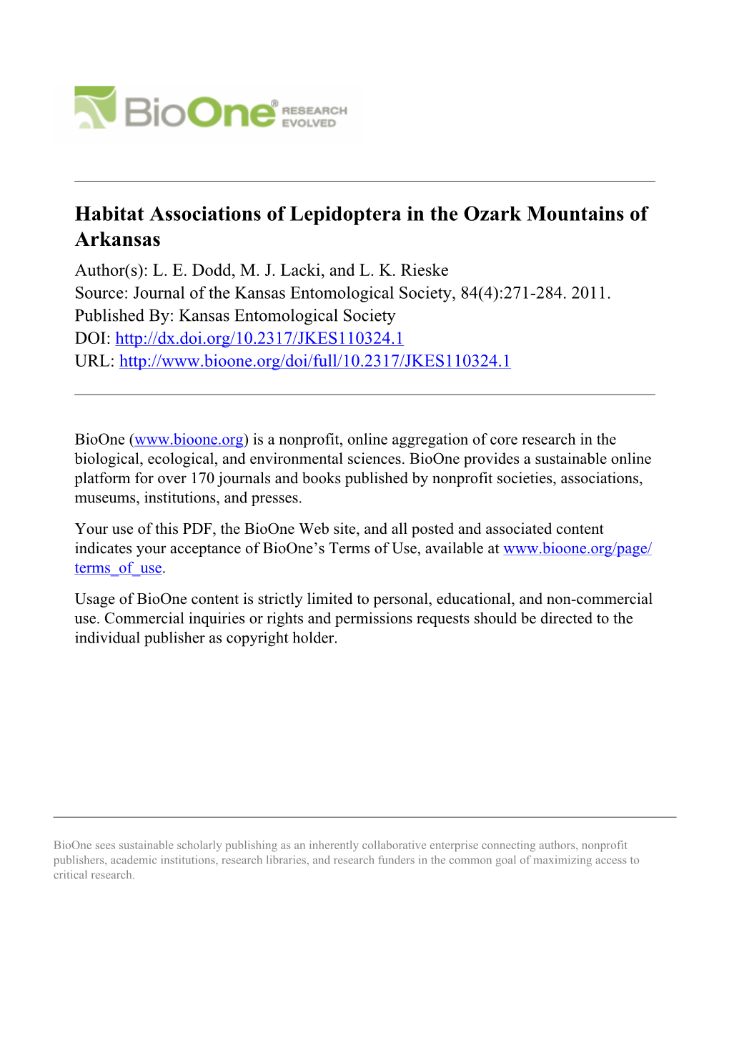 Habitat Associations of Lepidoptera in the Ozark Mountains of Arkansas Author(S): L