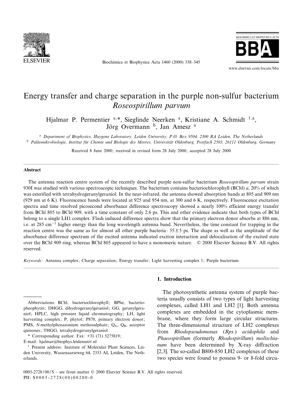 Energy Transfer and Charge Separation in the Purple Non-Sulfur Bacterium Roseospirillum Parvum