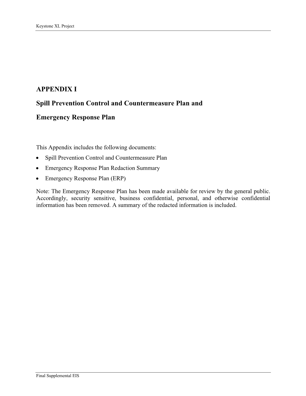 Appendix I Spill Prevention Control and Countermeasure Plan And