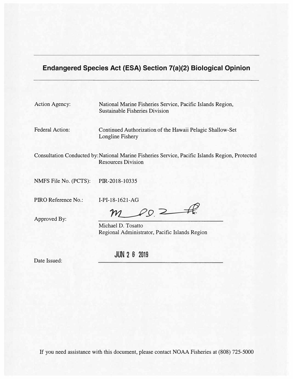 Biological Opinion on the Continued Authorization of the Hawaii