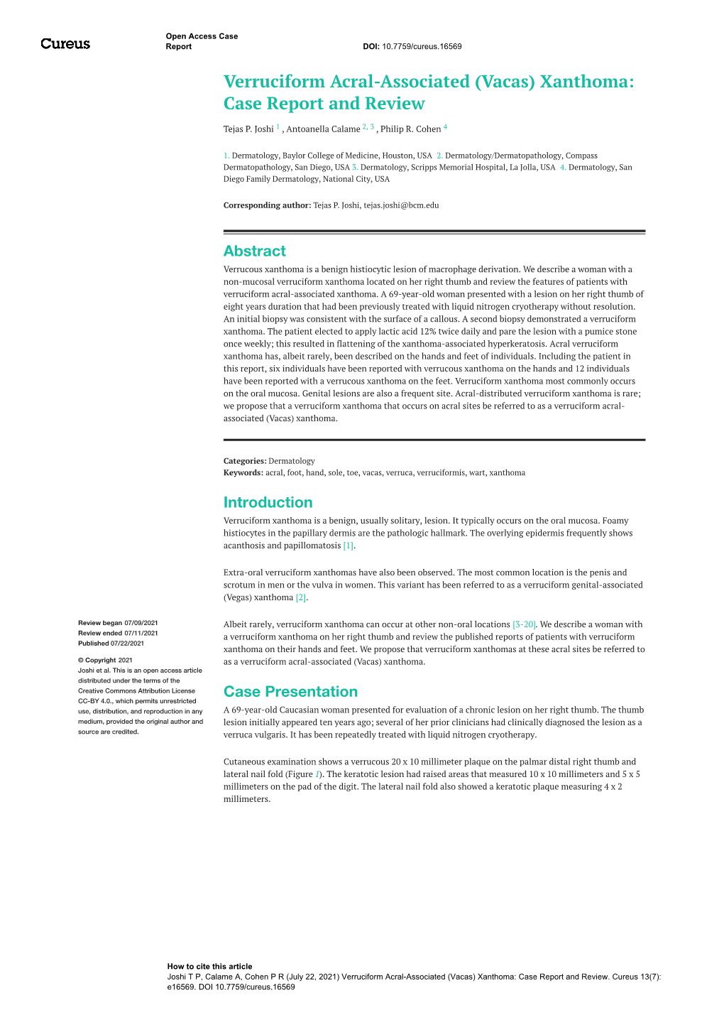 Verruciform Acral-Associated (Vacas) Xanthoma: Case Report and Review