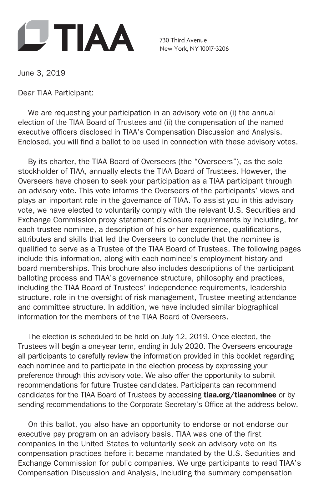 2019 TIAA Advisory Vote Brochure 30633.Pdf