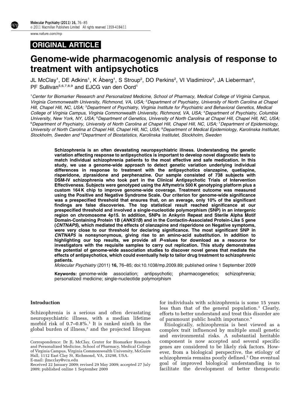 Genome-Wide Pharmacogenomic Analysis of Response to Treatment with Antipsychotics