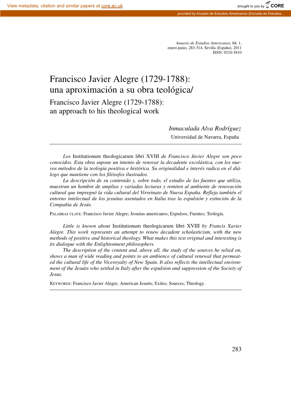 Francisco Javier Alegre (1729-1788): Una Aproximación a Su Obra Teológica/ Francisco Javier Alegre (1729-1788): an Approach to His Theological Work