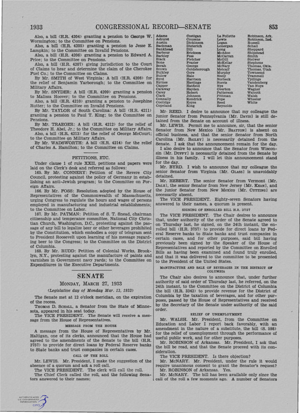 1933 Congressional Record-Senate