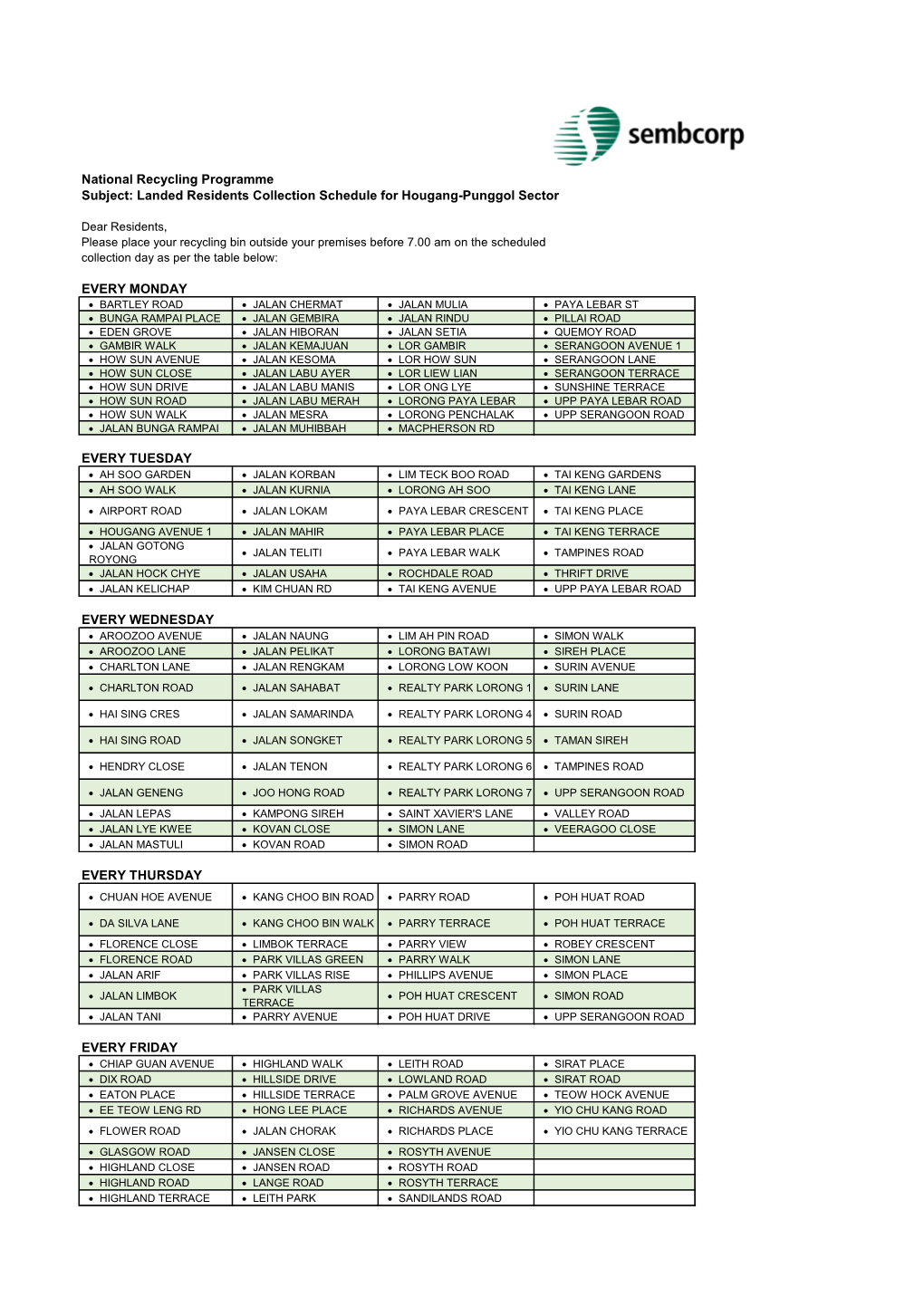 National Recycling Programme Subject: Landed Residents Collection Schedule for Hougang-Punggol Sector