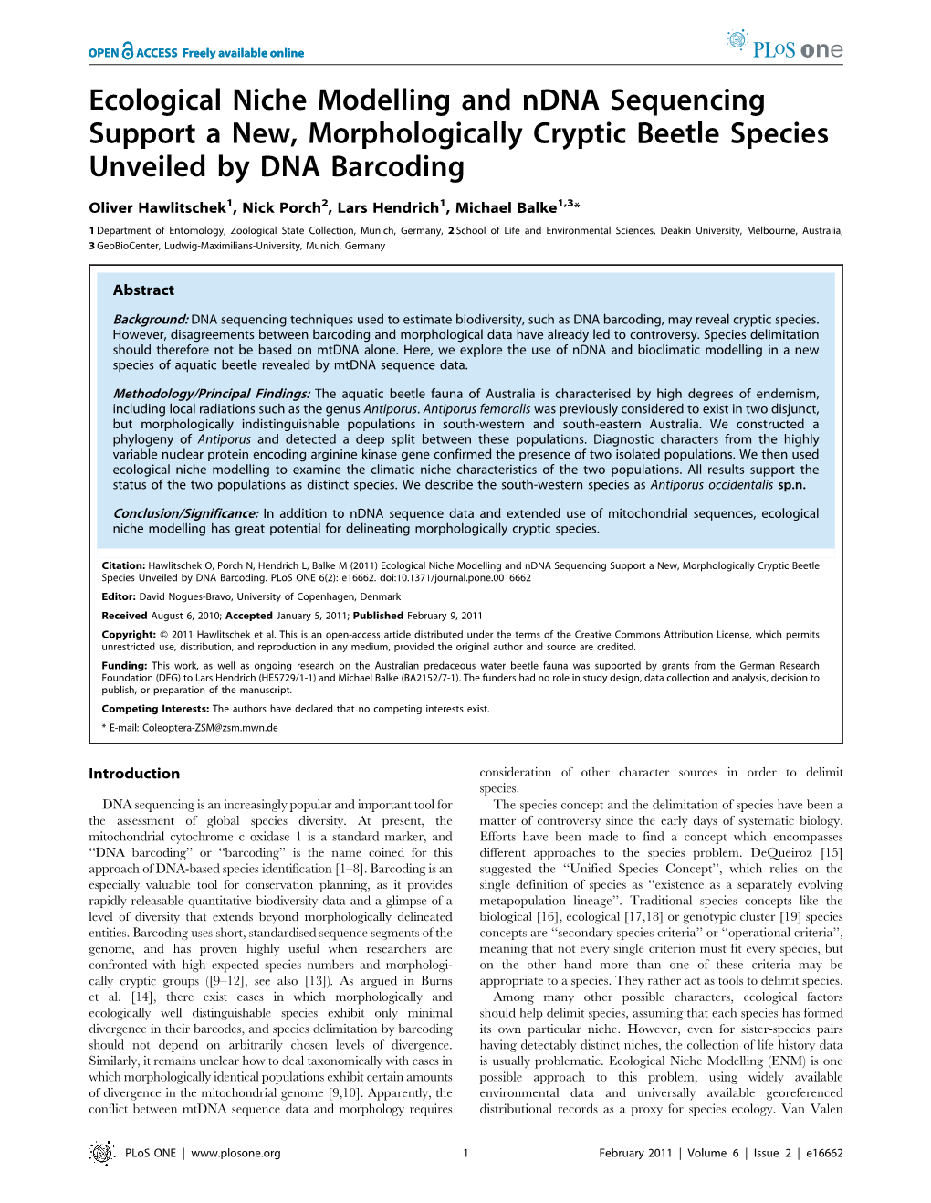 Ecological Niche Modelling and Ndna Sequencing Support a New, Morphologically Cryptic Beetle Species Unveiled by DNA Barcoding