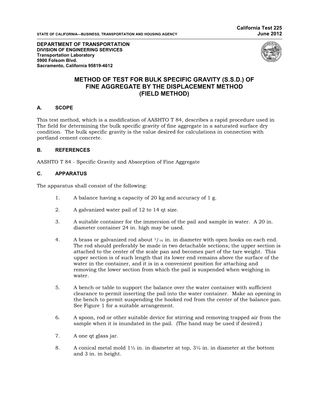 Method of Test for Bulk Specific Gravity (Ssd) of Fine