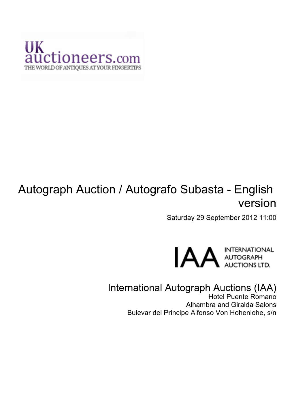 Autograph Auction / Autografo Subasta - English Version Saturday 29 September 2012 11:00