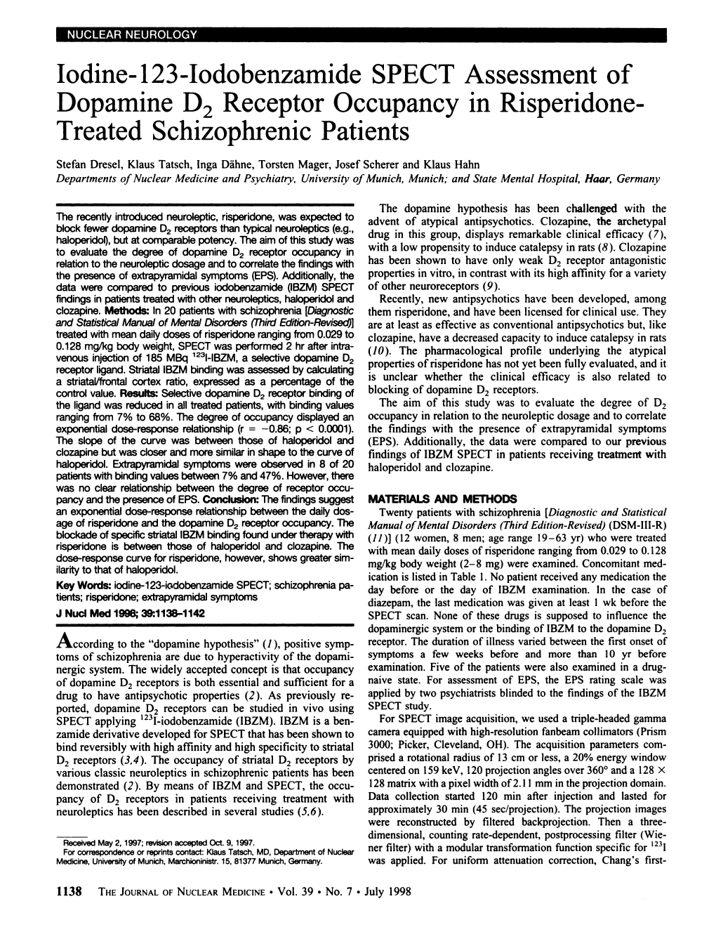 Iodine-123-Iodobenzamide SPECT Assessment of Dopamine D2 Receptor Occupancy in Risperidone
