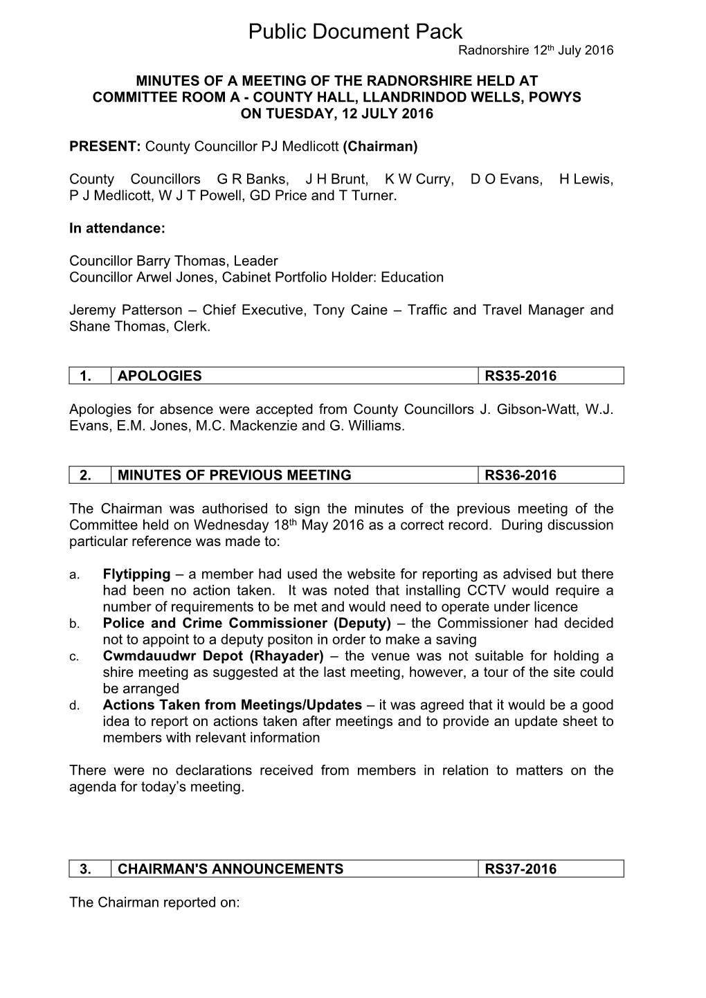 (Public Pack)Minutes Document for Radnorshire, 12/07/2016 10:00