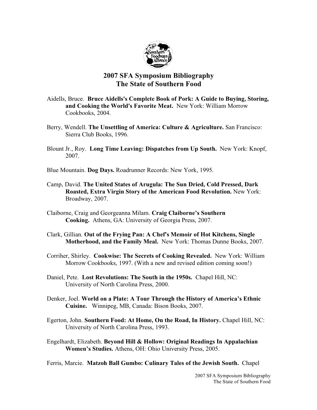 2007 SFA Symposium Bibliography the State of Southern Food