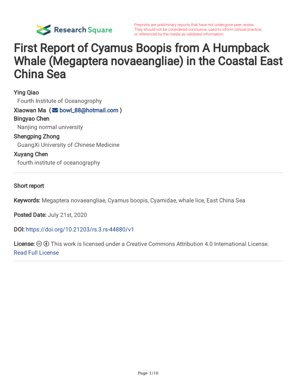 First Report of Cyamus Boopis from a Humpback Whale (Megaptera Novaeangliae) in the Coastal East China Sea