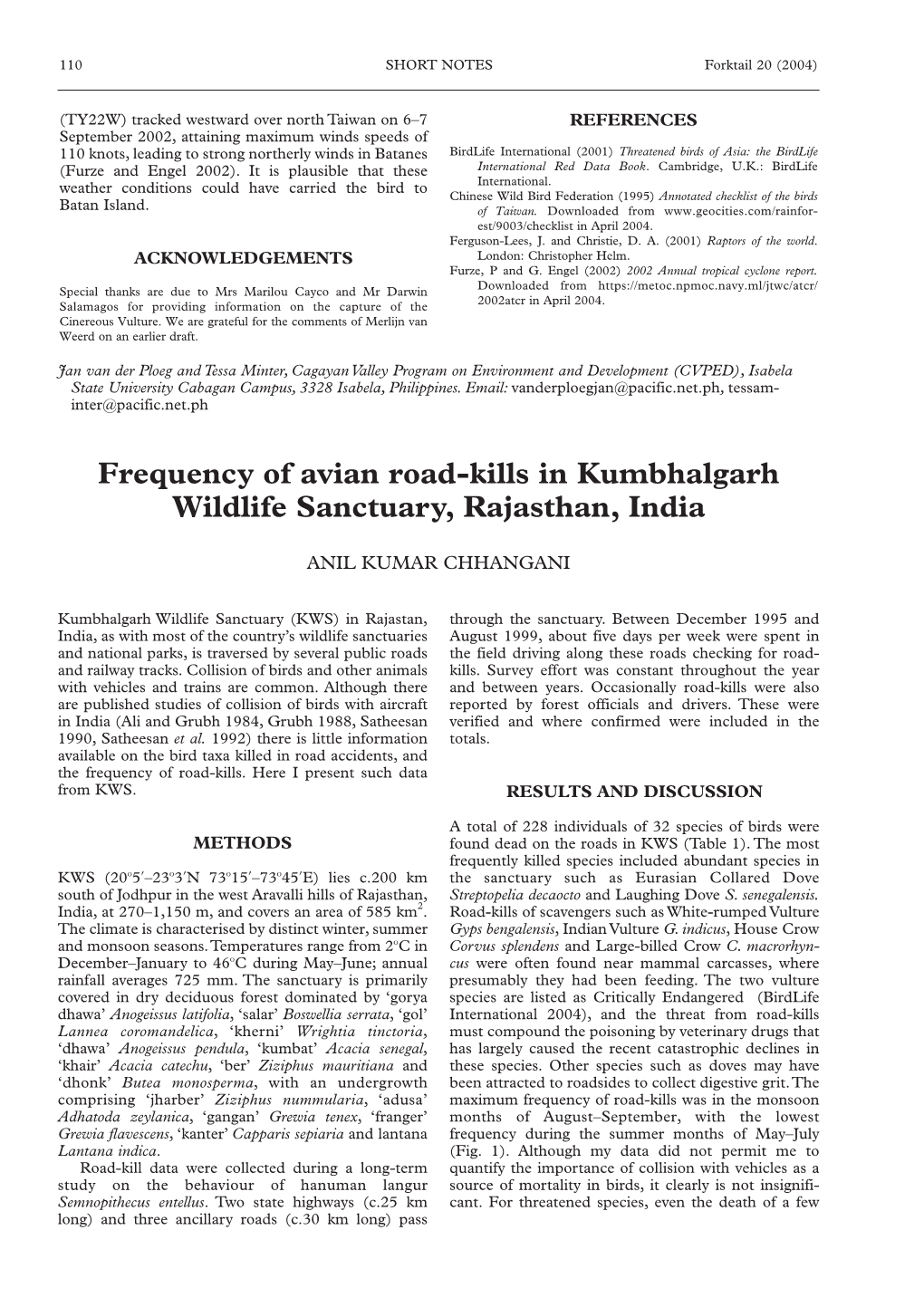 Frequency of Avian Road-Kills in Kumbhalgarh Wildlife Sanctuary, Rajasthan, India