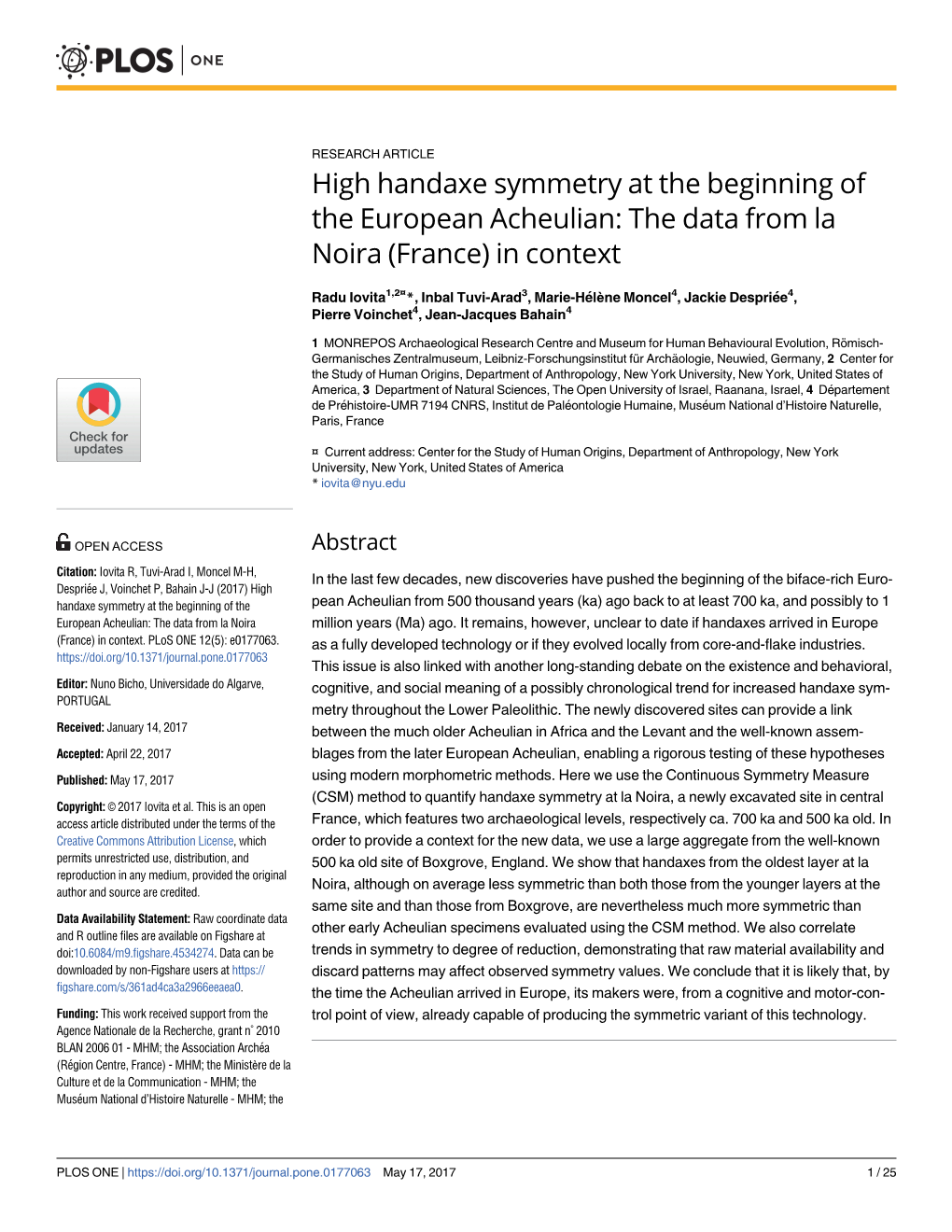 High Handaxe Symmetry at the Beginning of the European Acheulian: the Data from La Noira (France) in Context