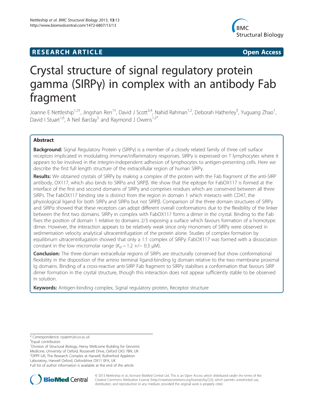 Crystal Structure of Signal Regulatory Protein Gamma