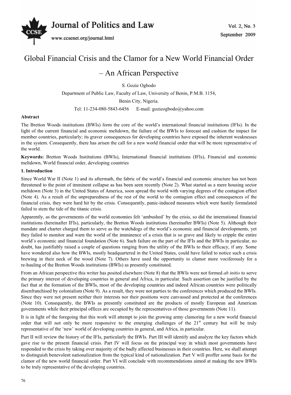 Global Financial Crisis and the Clamor for a New World Financial Order – an African Perspective