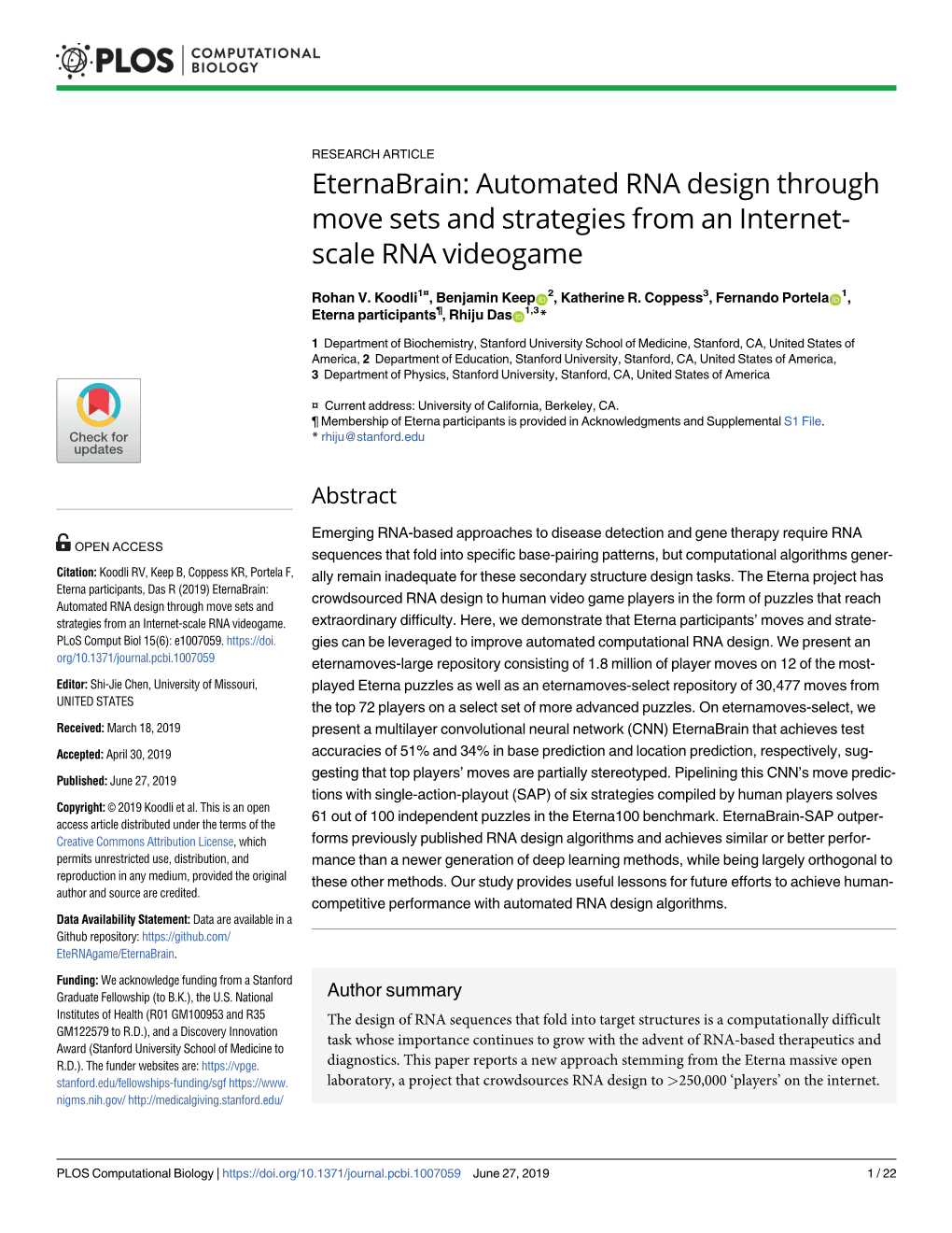 PLOS Computational Biology | June 27, 2019 1 / 22 Eternabrain: Automated RNA Design from an Internet-Scale RNA Videogame