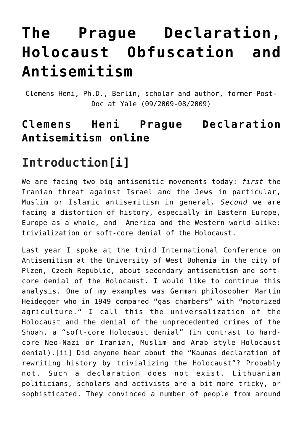 The Prague Declaration, Holocaust Obfuscation and Antisemitism