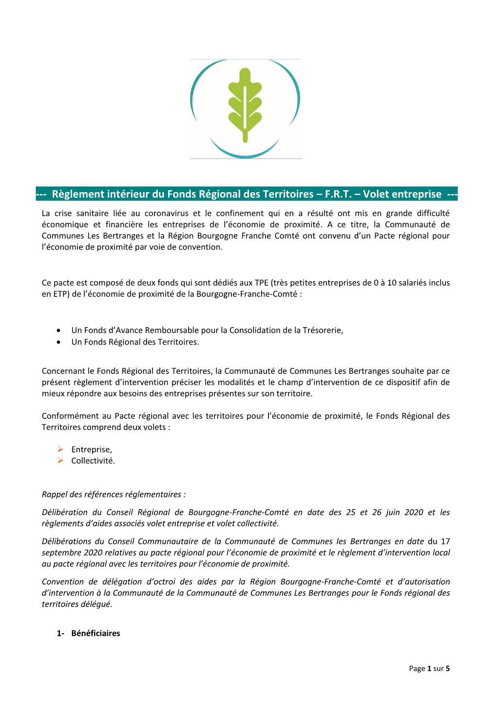 Règlement Intérieur Du Fonds Régional Des Territoires – F.R.T