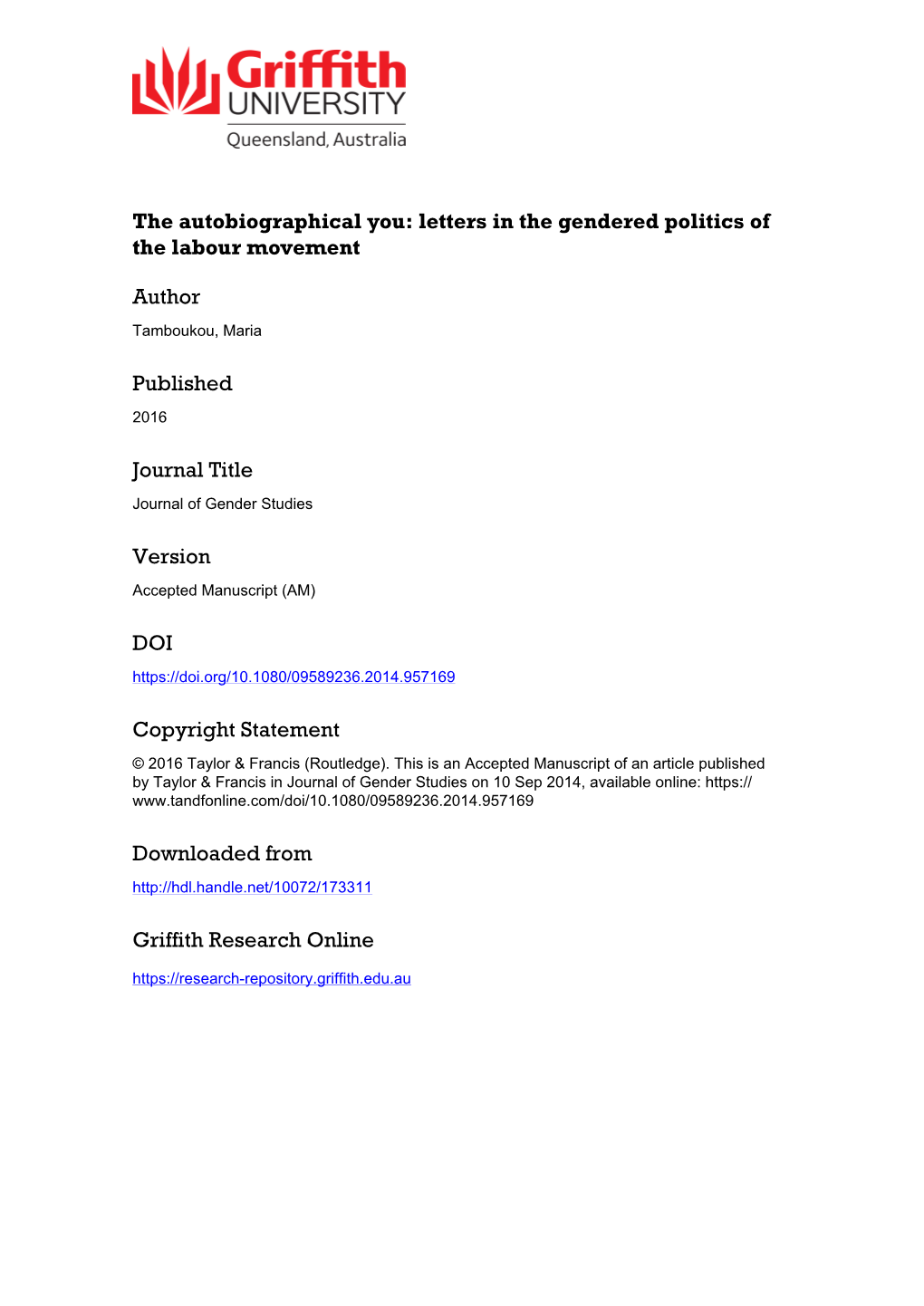 The Autobiographical You: Letters in the Gendered Politics of the Labour Movement