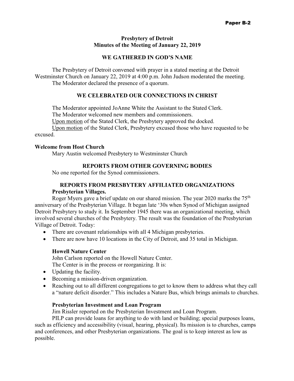 Presbytery of Detroit Minutes of the Meeting of January 22, 2019 WE