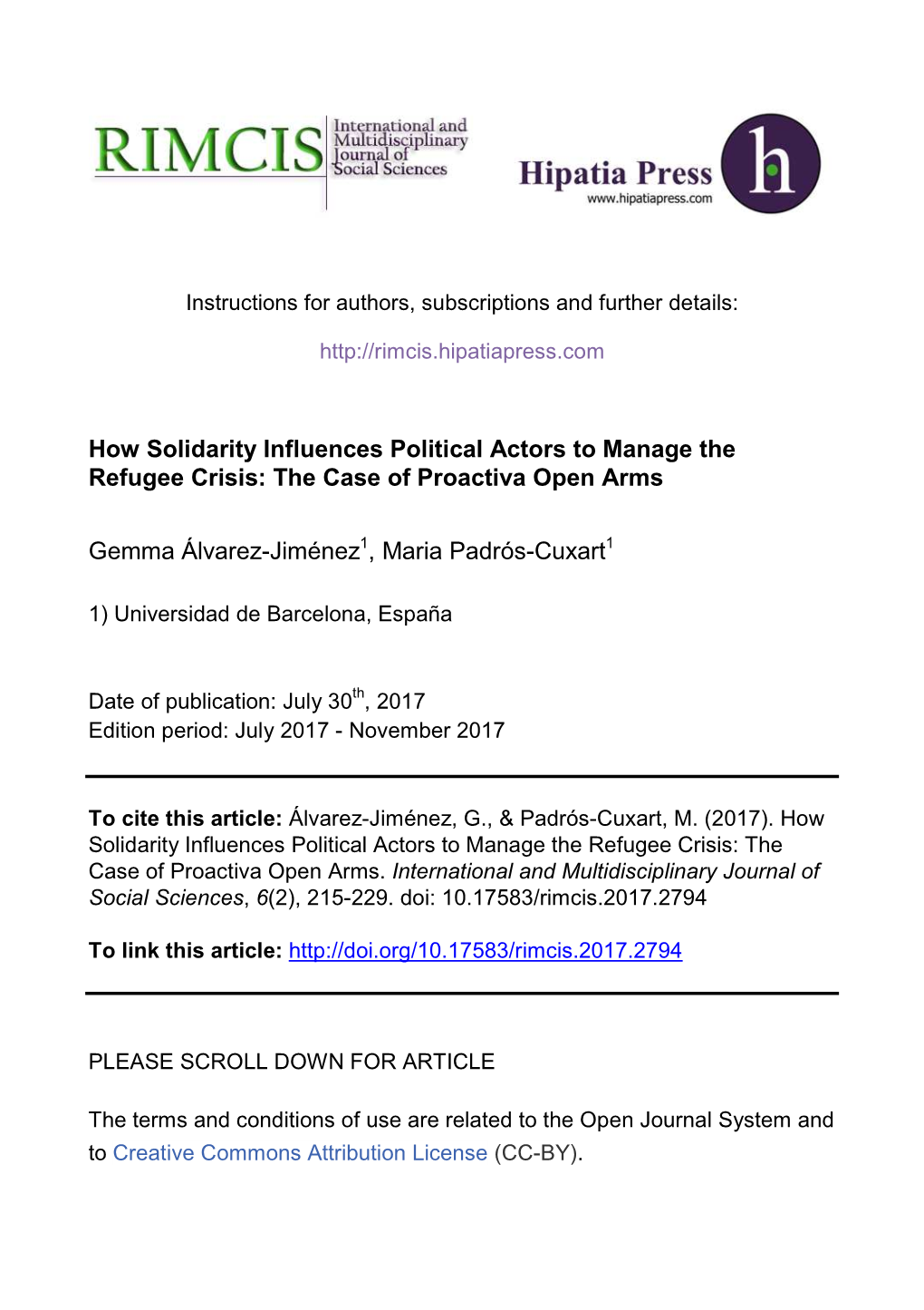 How Solidarity Influences Political Actors to Manage the Refugee Crisis: the Case of Proactiva Open Arms