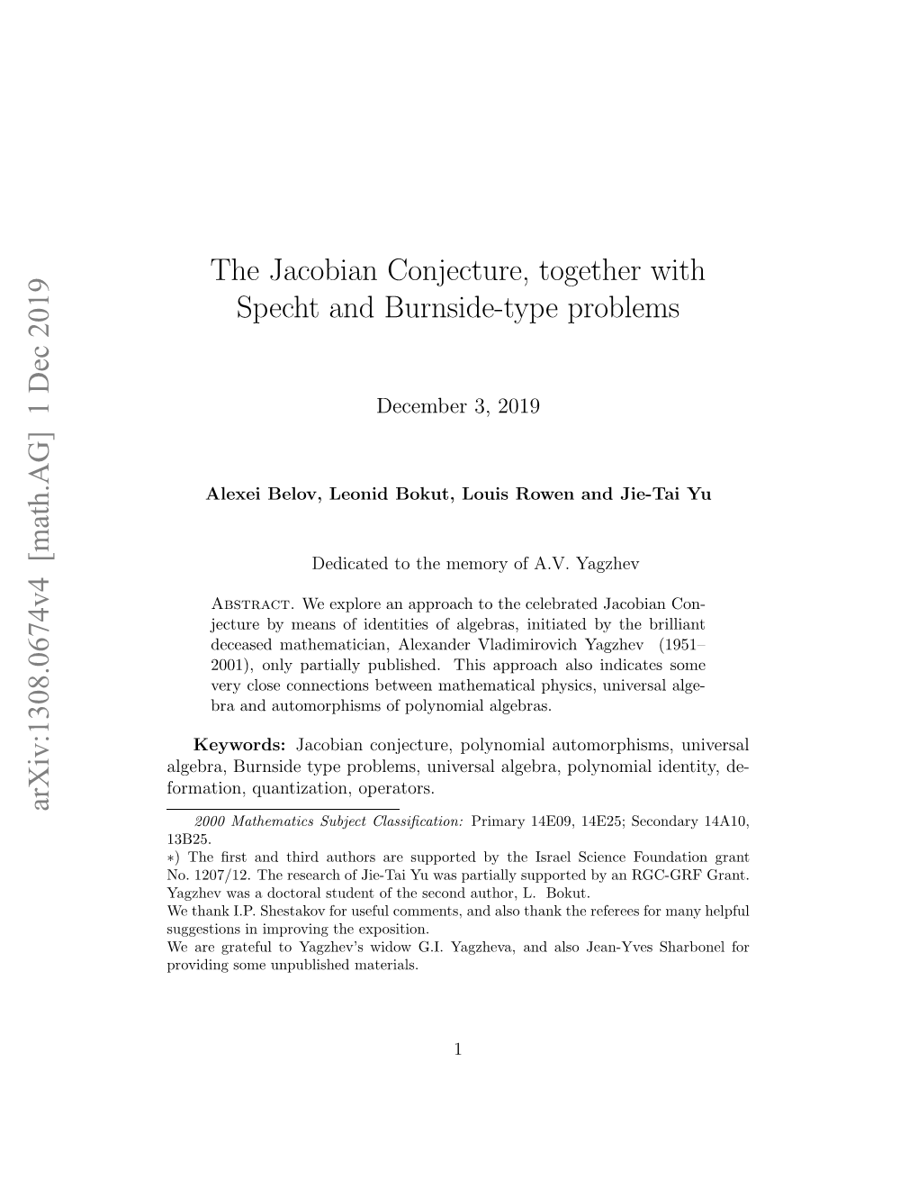 The Jacobian Conjecture, Together with Specht and Burnside-Type