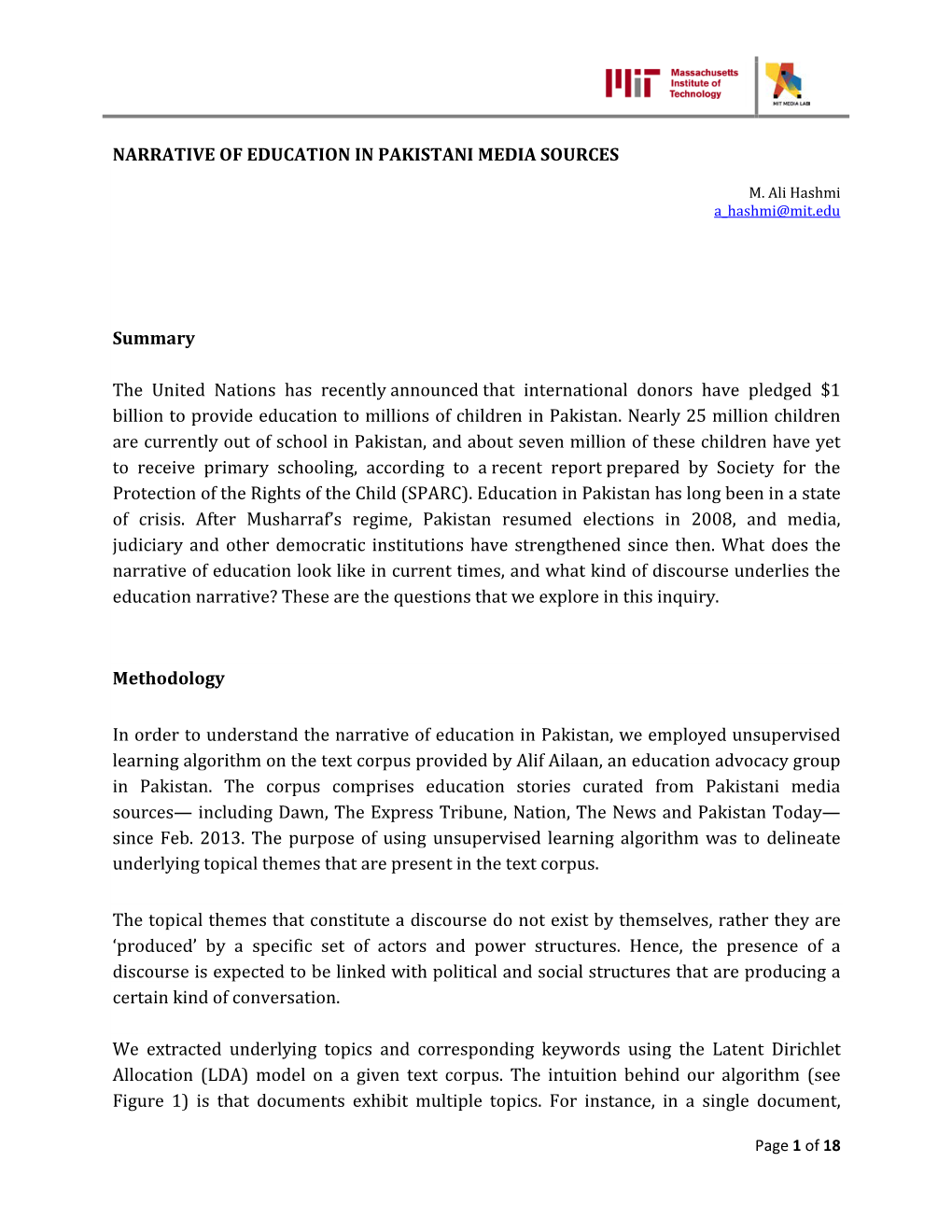 NARRATIVE of EDUCATION in PAKISTANI MEDIA SOURCES Summary the United Nations Has Recently Announced That International Donors H