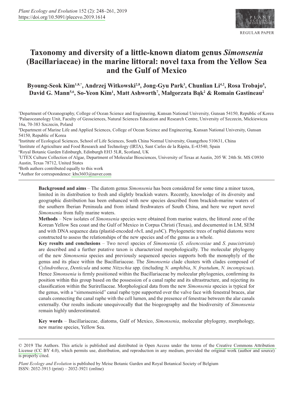 Taxonomy and Diversity of a Little-Known Diatom Genus Simonsenia (Bacillariaceae) in the Marine Littoral: Novel Taxa from the Yellow Sea and the Gulf of Mexico