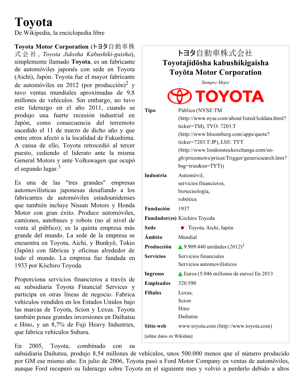 Toyota ­ Wikipedia, La Enciclopedia Libre Toyota De Wikipedia, La Enciclopedia Libre