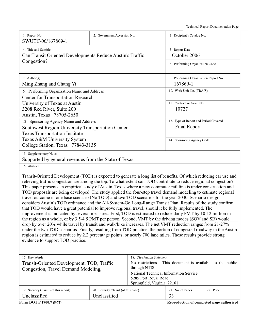 SWUTC/06/167869-1 October 2006 Can Transit Oriented Developments