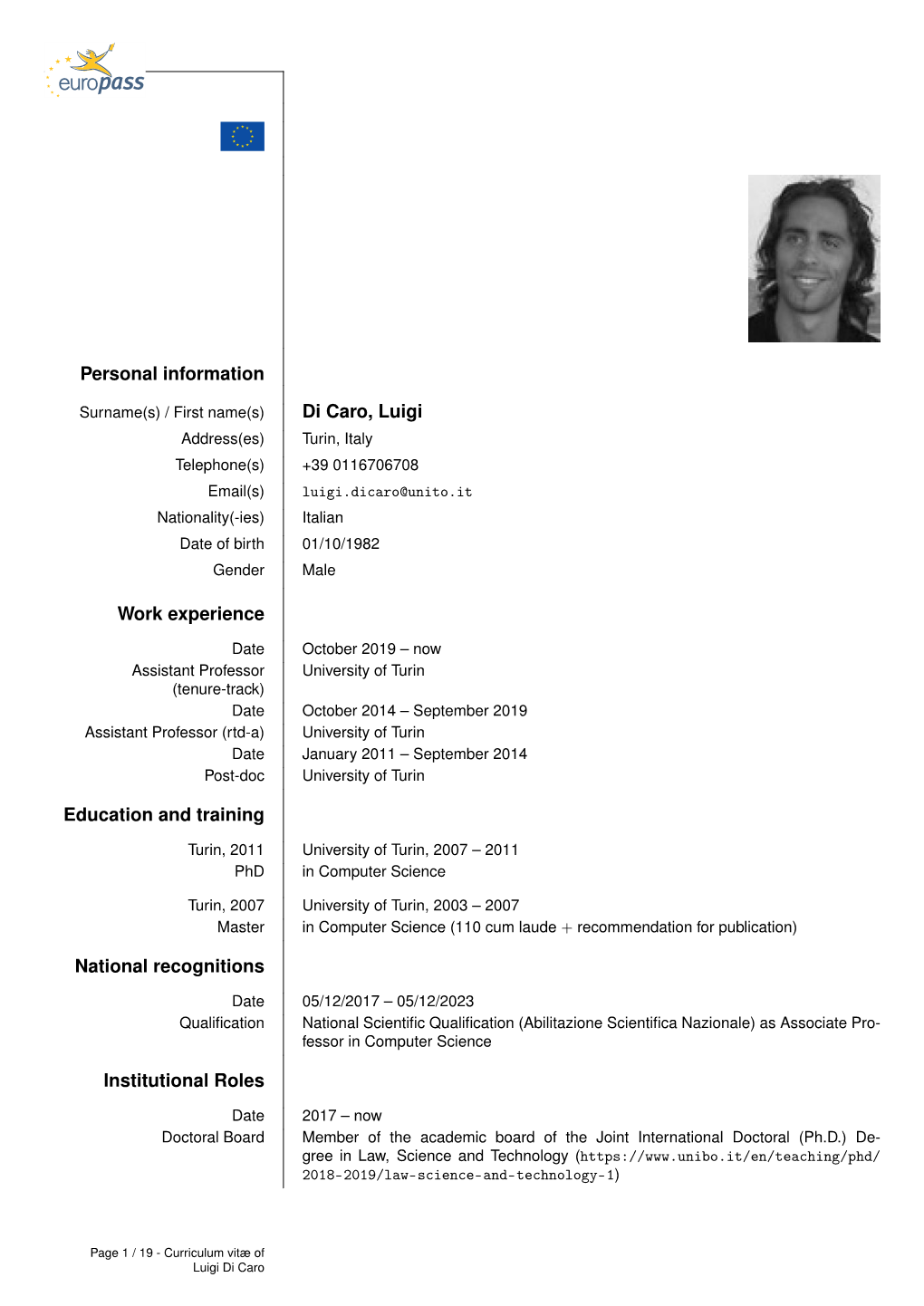 Personal Information Di Caro, Luigi Work Experience Education And