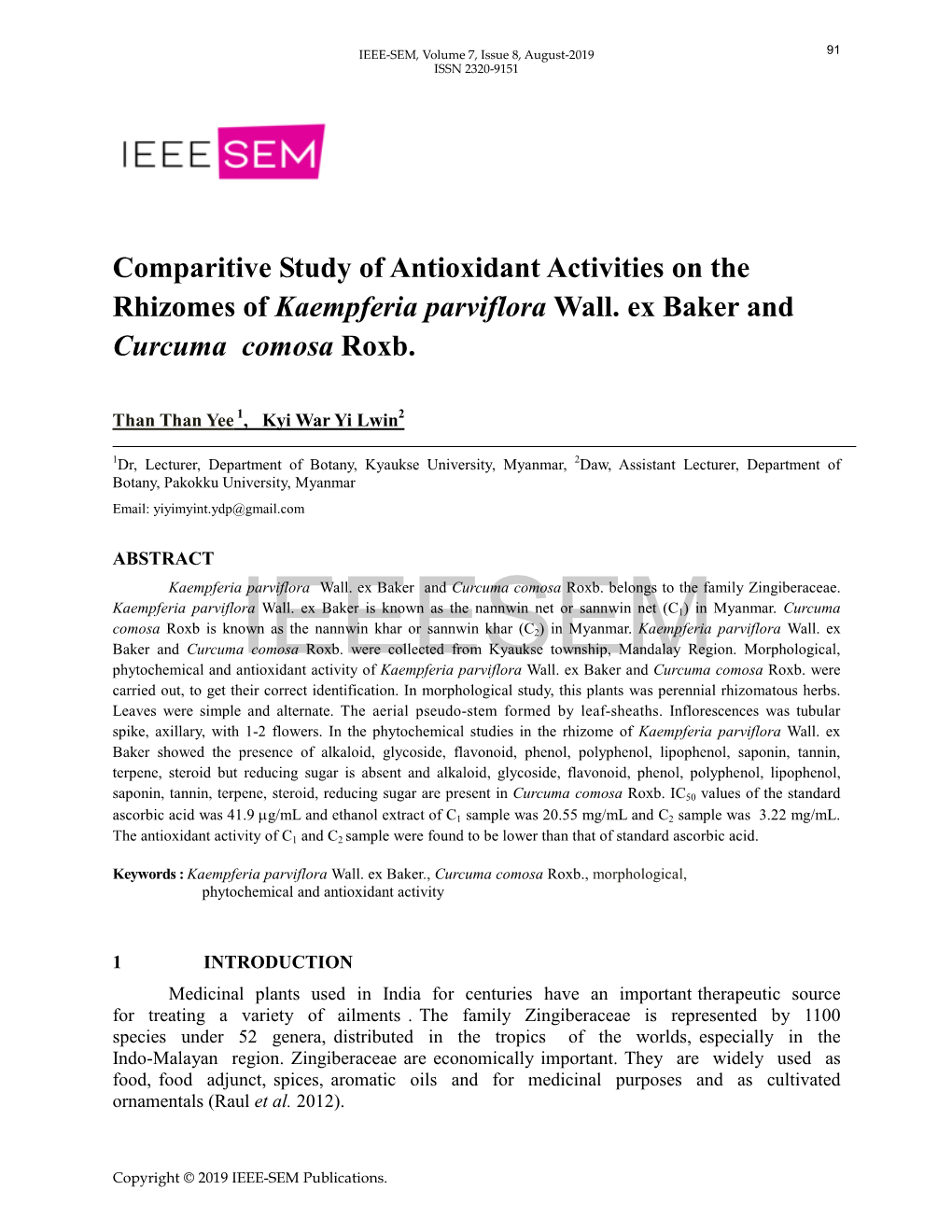 Comparitive Study of Antioxidant Activities on the Rhizomes of Kaempferia Parviflora Wall