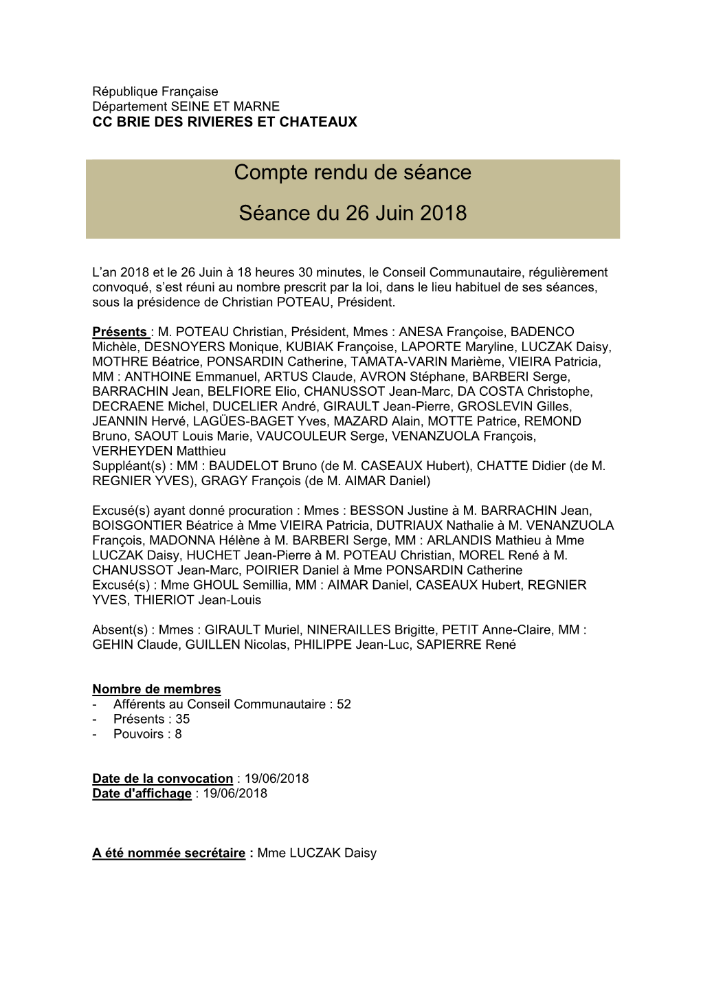 Compte Rendu Du Conseil Communautaire Du 26 Juin 2018