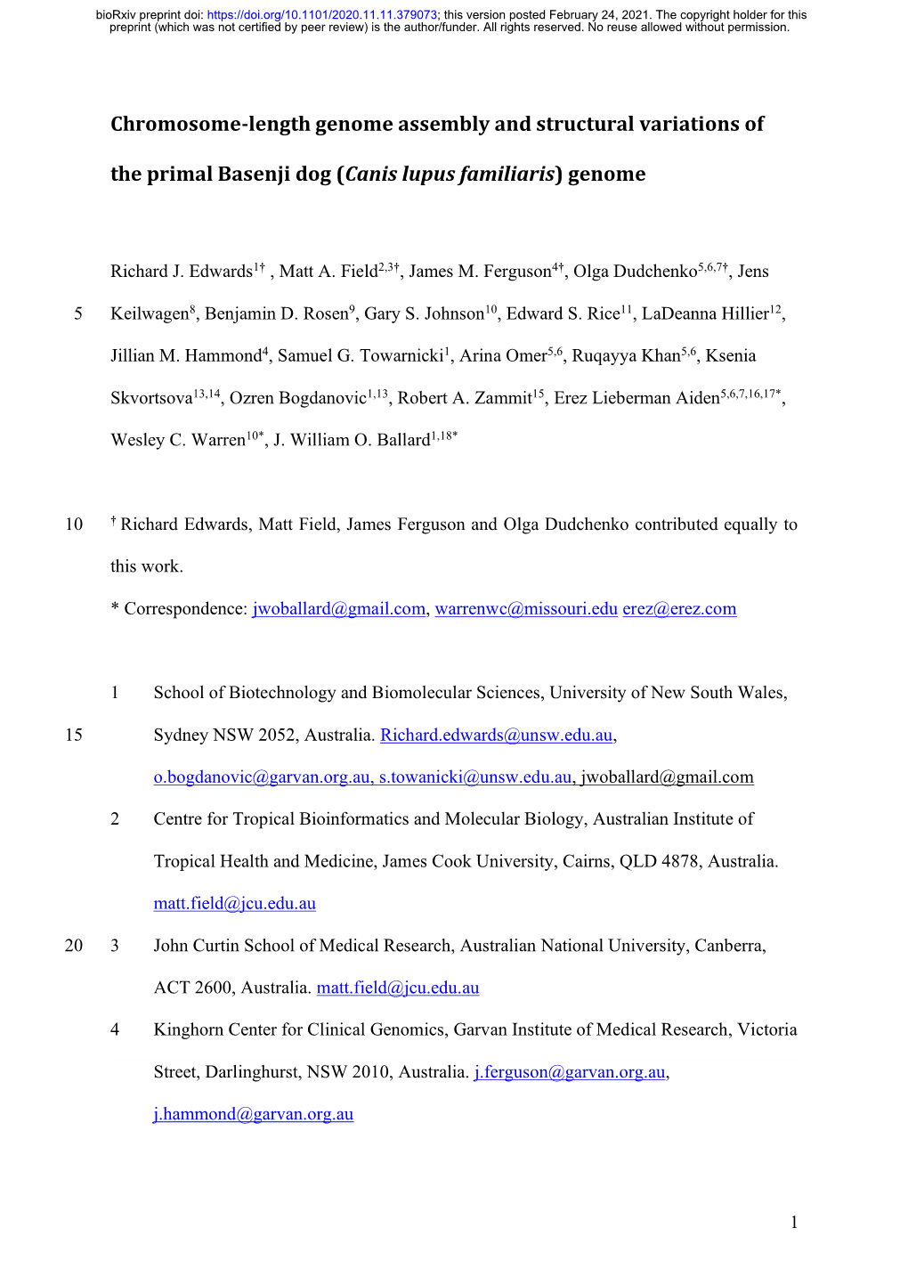 Chromosome-Length Genome Assembly and Structural Variations Of