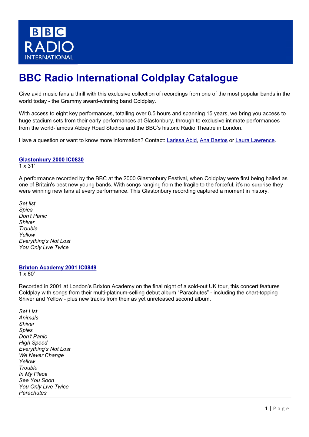 BBC Radio International Coldplay Catalogue