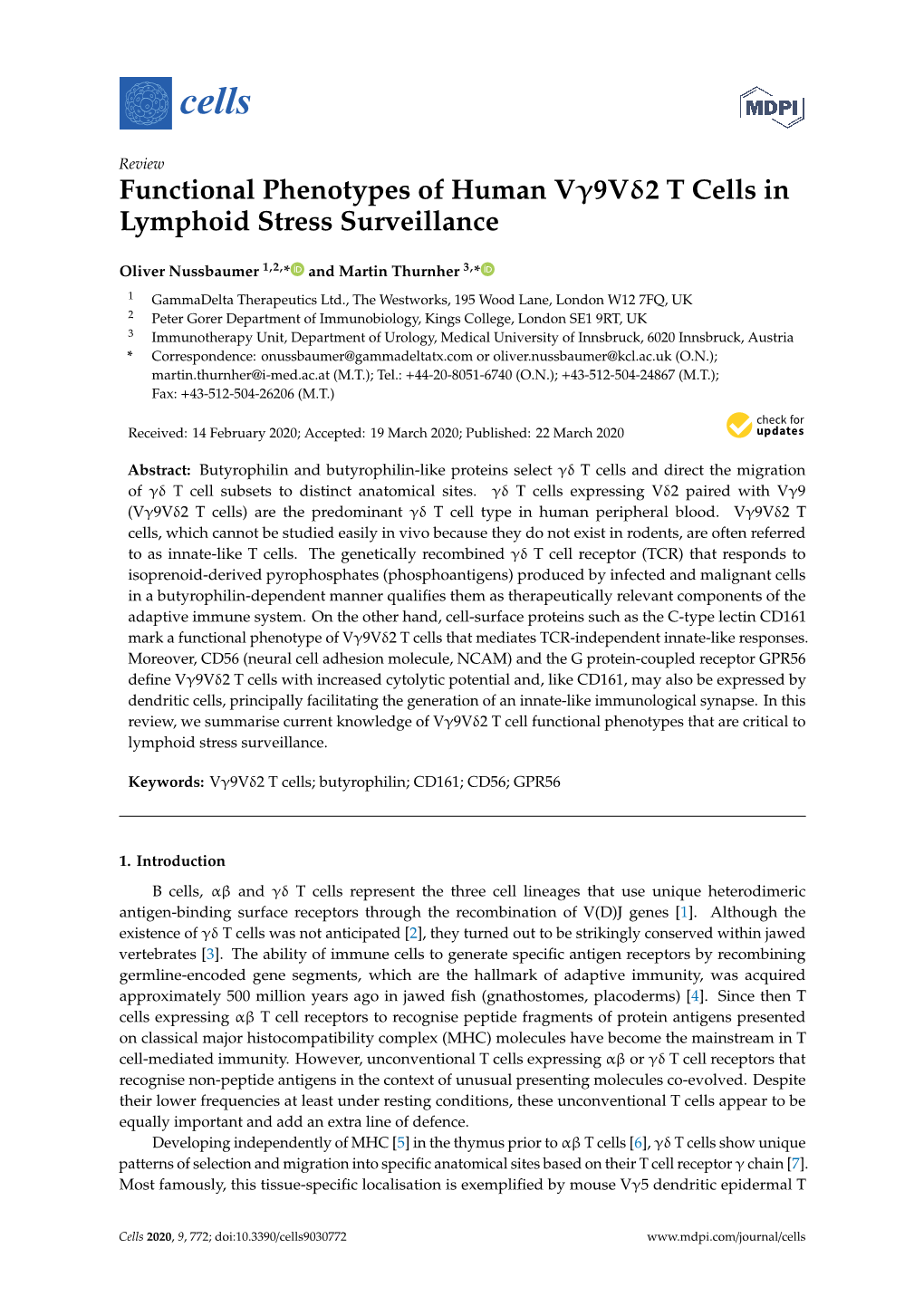 Functional Phenotypes of Human Vγ9vδ2 T Cells in Lymphoid Stress Surveillance