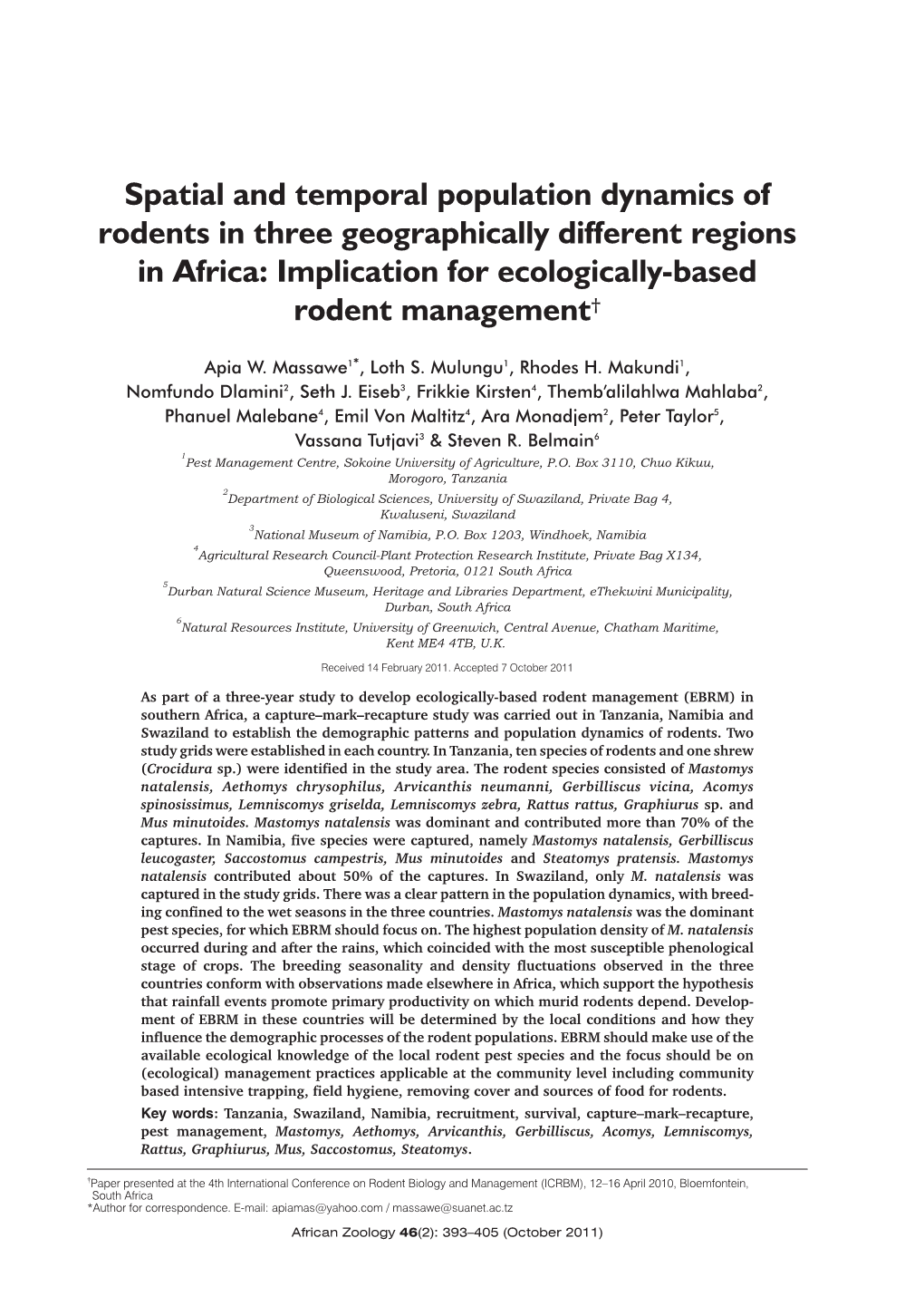 Spatial and Temporal Population Dynamics of Rodents in Three Geographically Different Regions in Africa: Implication for Ecologically-Based Rodent Management†