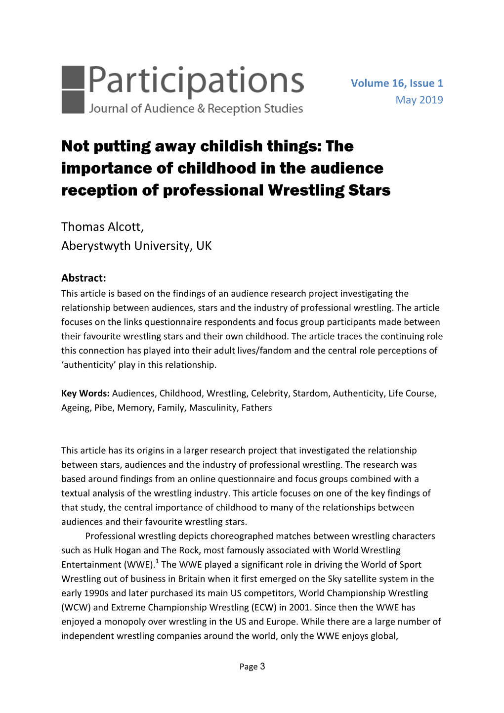 Not Putting Away Childish Things: the Importance of Childhood in the Audience Reception of Professional Wrestling Stars