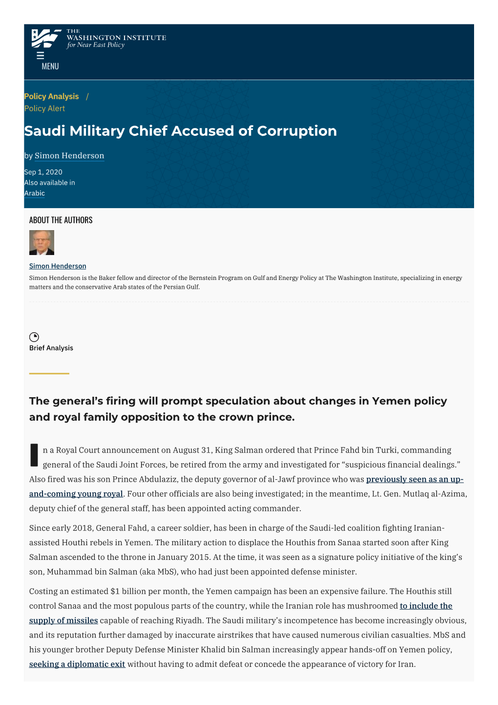 Saudi Military Chief Accused of Corruption | the Washington Institute