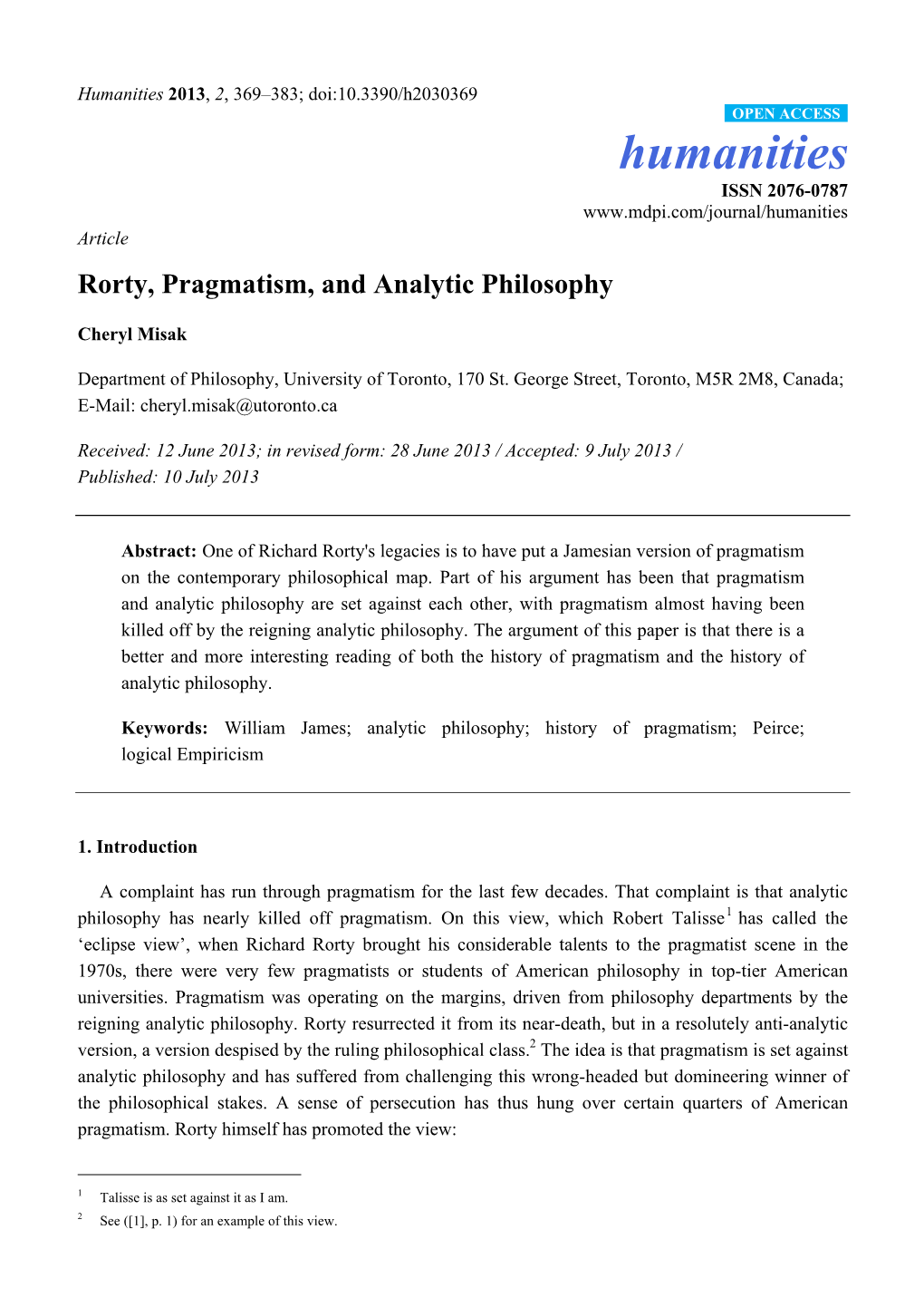 Rorty, Pragmatism, and Analytic Philosophy