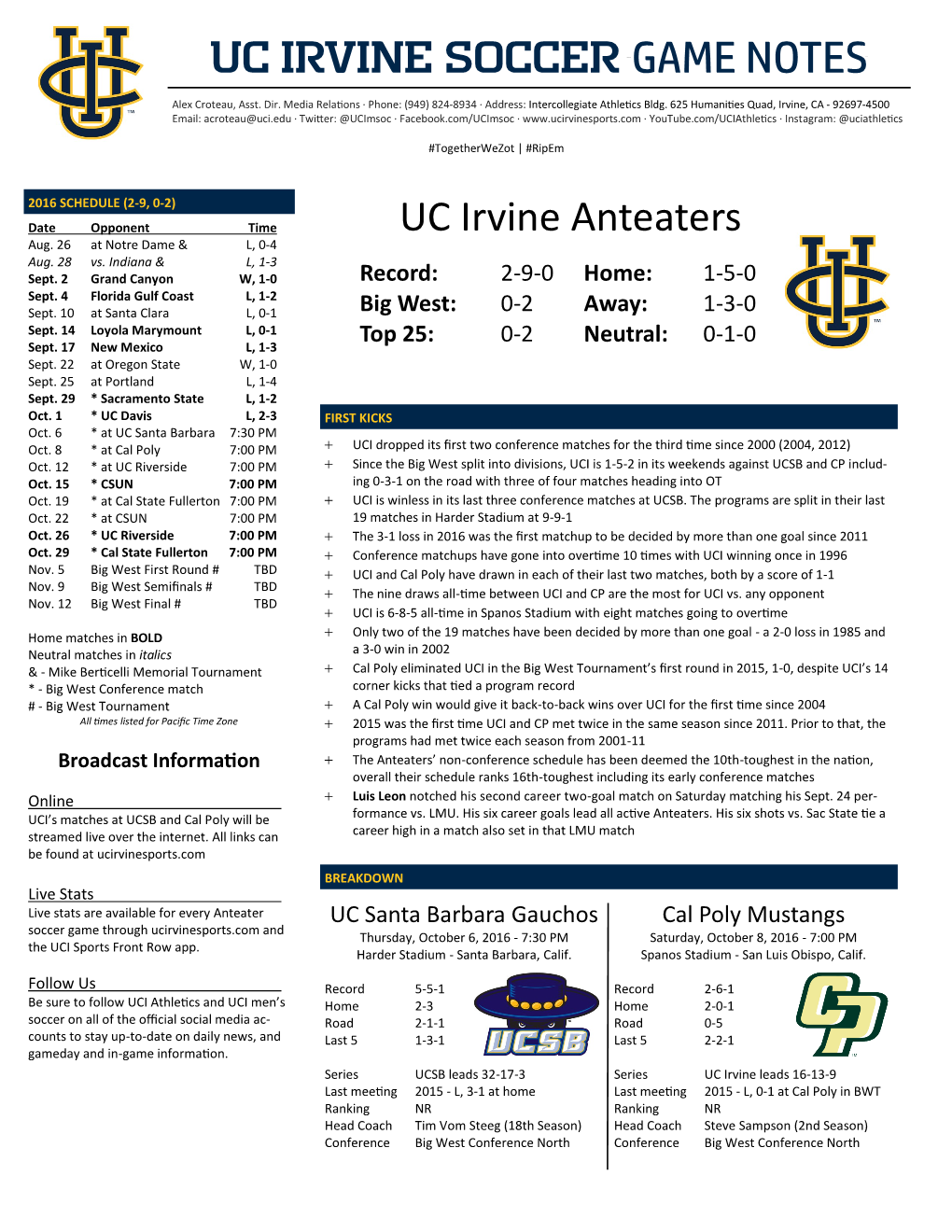 UC Irvine SOCCER GAME NOTES