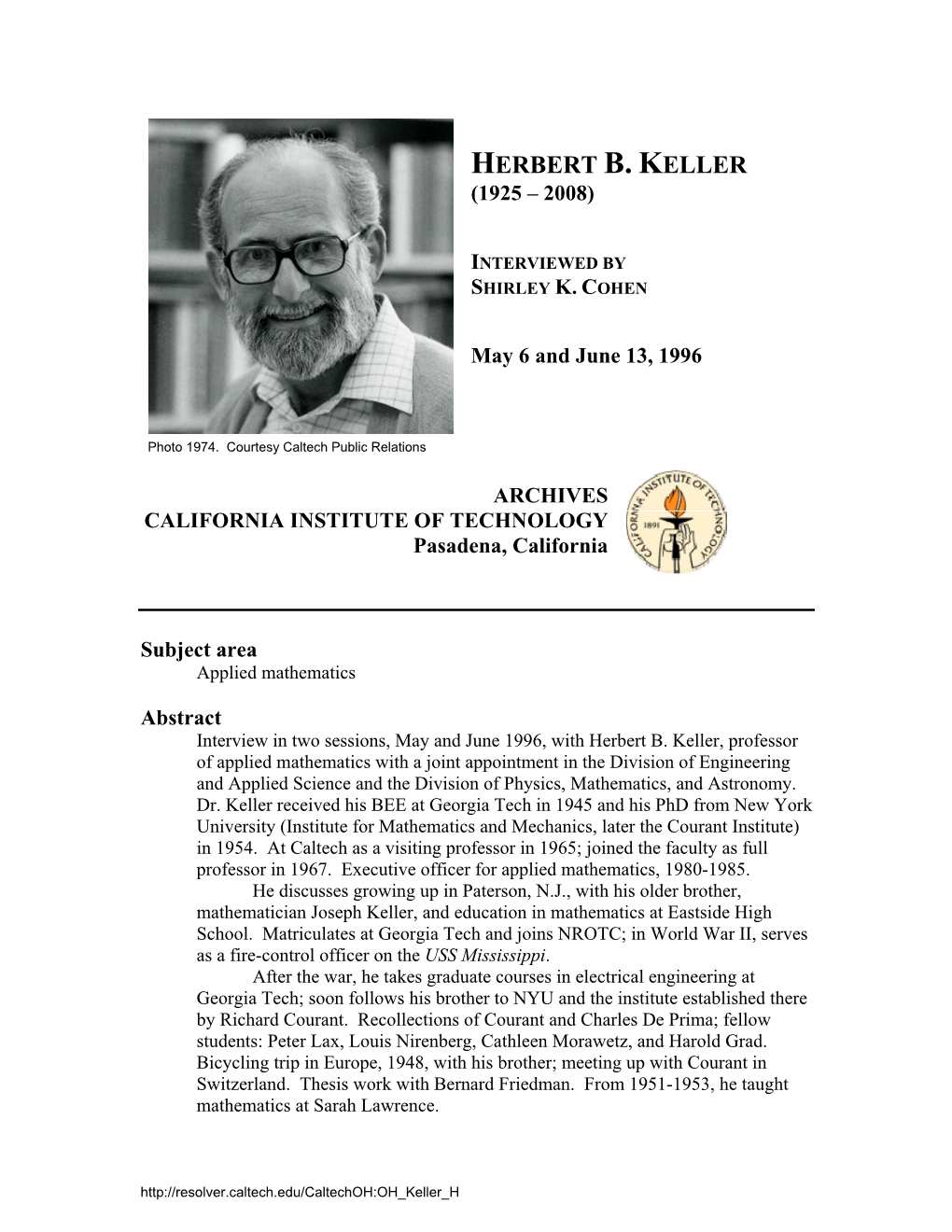 Interview with Herbert B. Keller