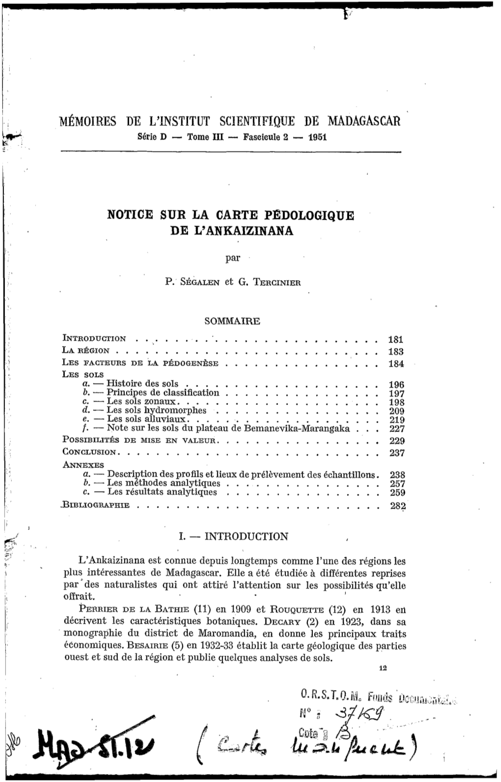 Notice Sur La Carte Pédologique De L'ankaizinana