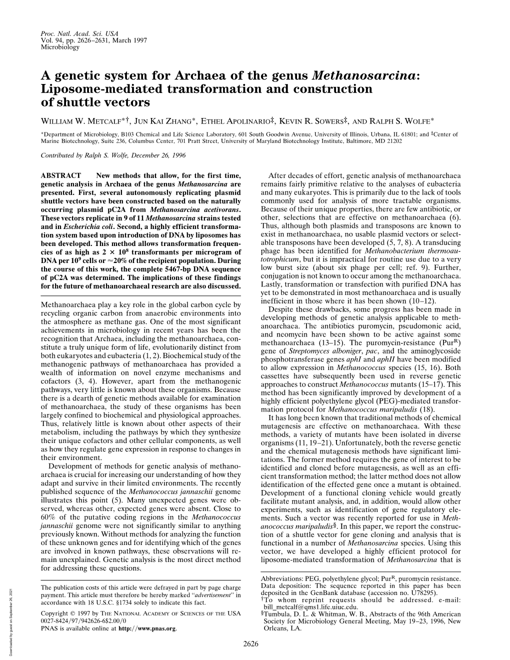 Liposome-Mediated Transformation and Construction of Shuttle Vectors