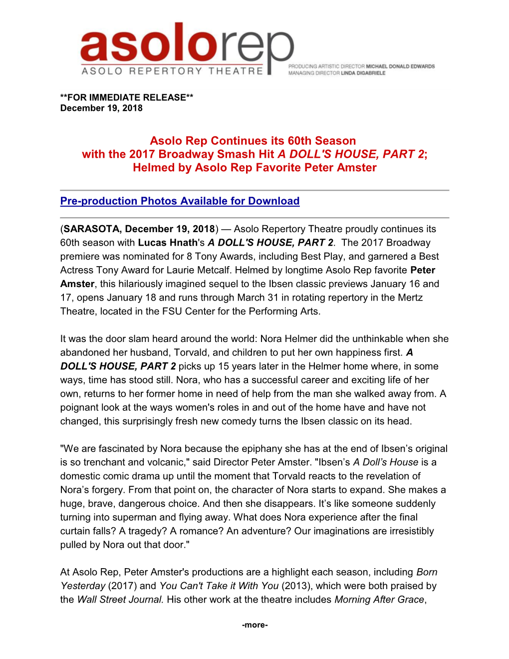Asolo Rep Continues Its 60Th Season with the 2017 Broadway Smash Hit a DOLL's HOUSE, PART 2; Helmed by Asolo Rep Favorite Peter Amster