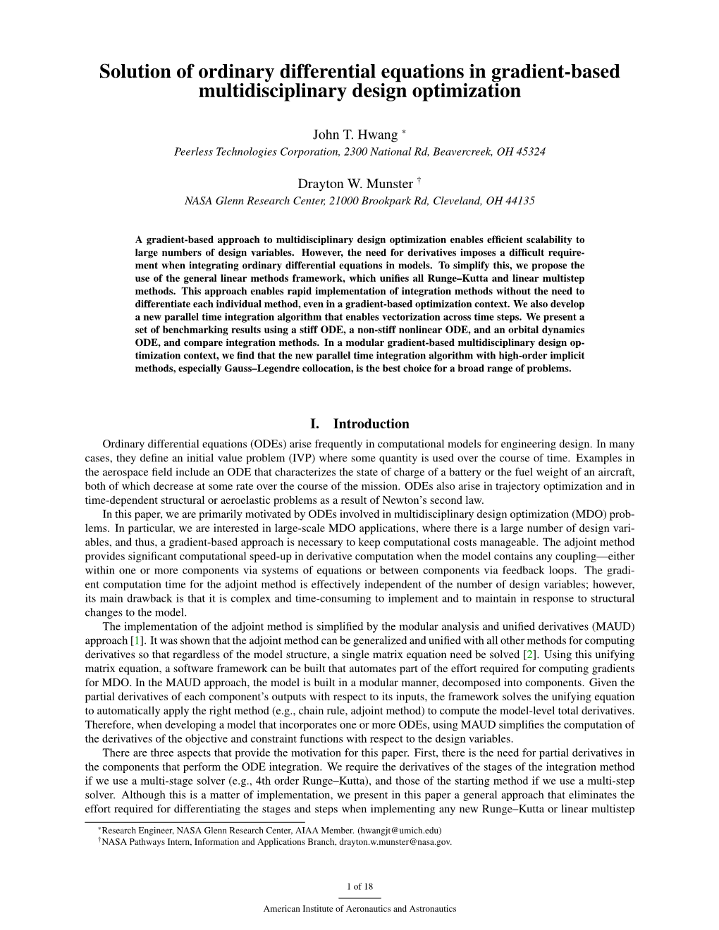 Solution of Ordinary Differential Equations in Gradient-Based Multidisciplinary Design Optimization