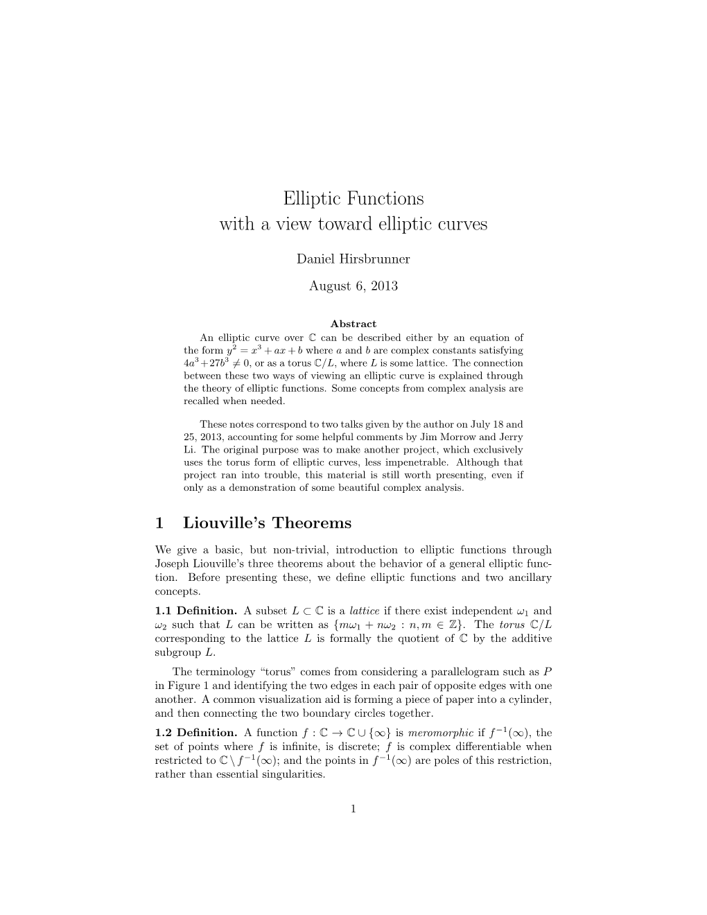 Elliptic Functions Notes