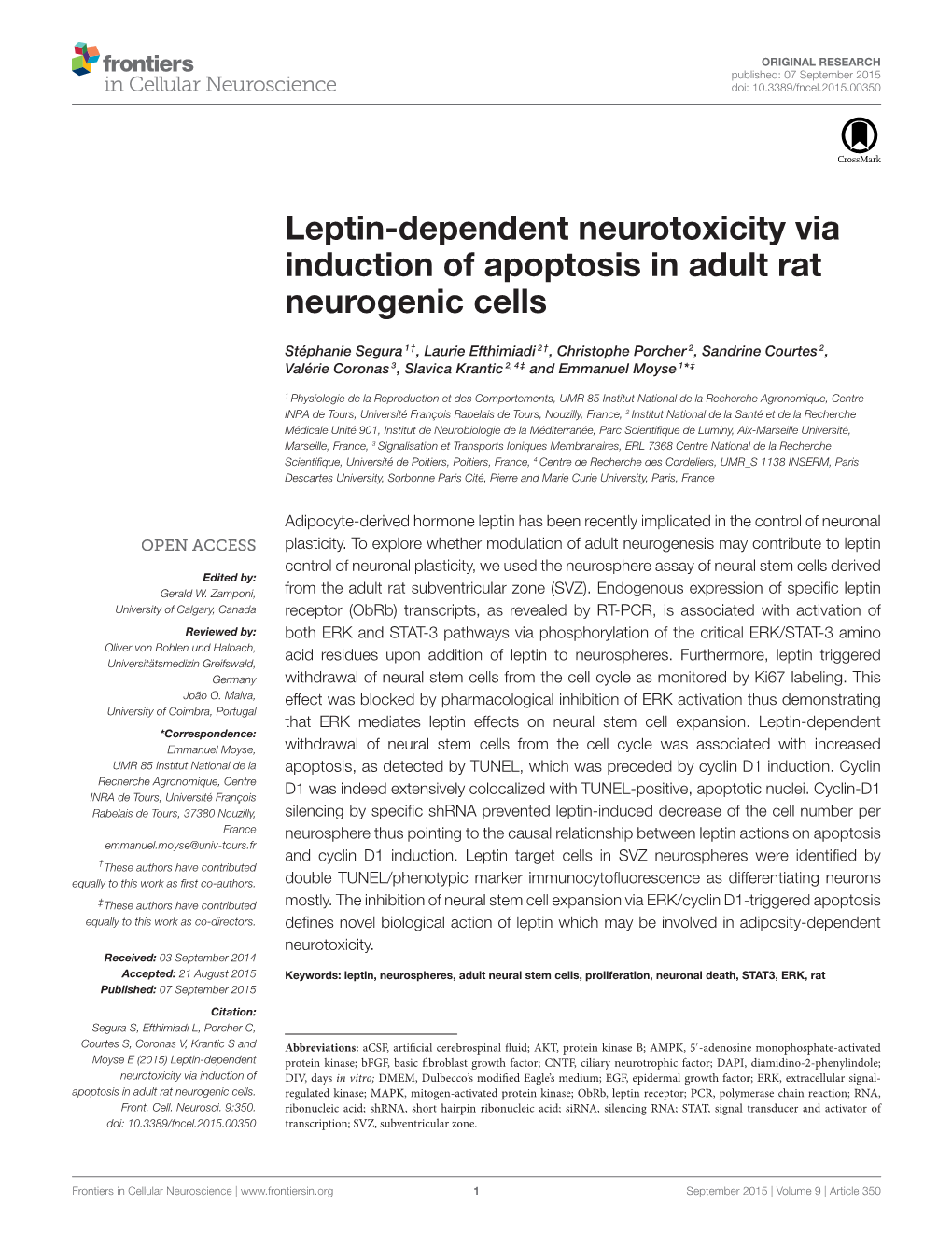 Leptin-Dependent Neurotoxicity Via Induction of Apoptosis in Adult Rat Neurogenic Cells